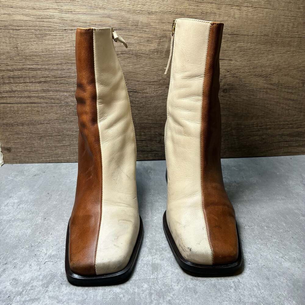 Alohas Two Tone Bicolor Brown Camel Beige Block Heeled Leather Ankle Boots 39